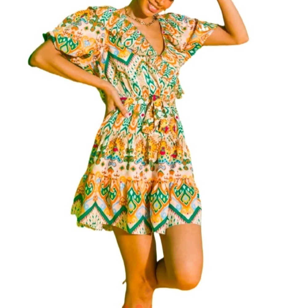 Flying Tomato Ruffle Mini Dress Women’s Sz Large Tribal Aztec Bohemian